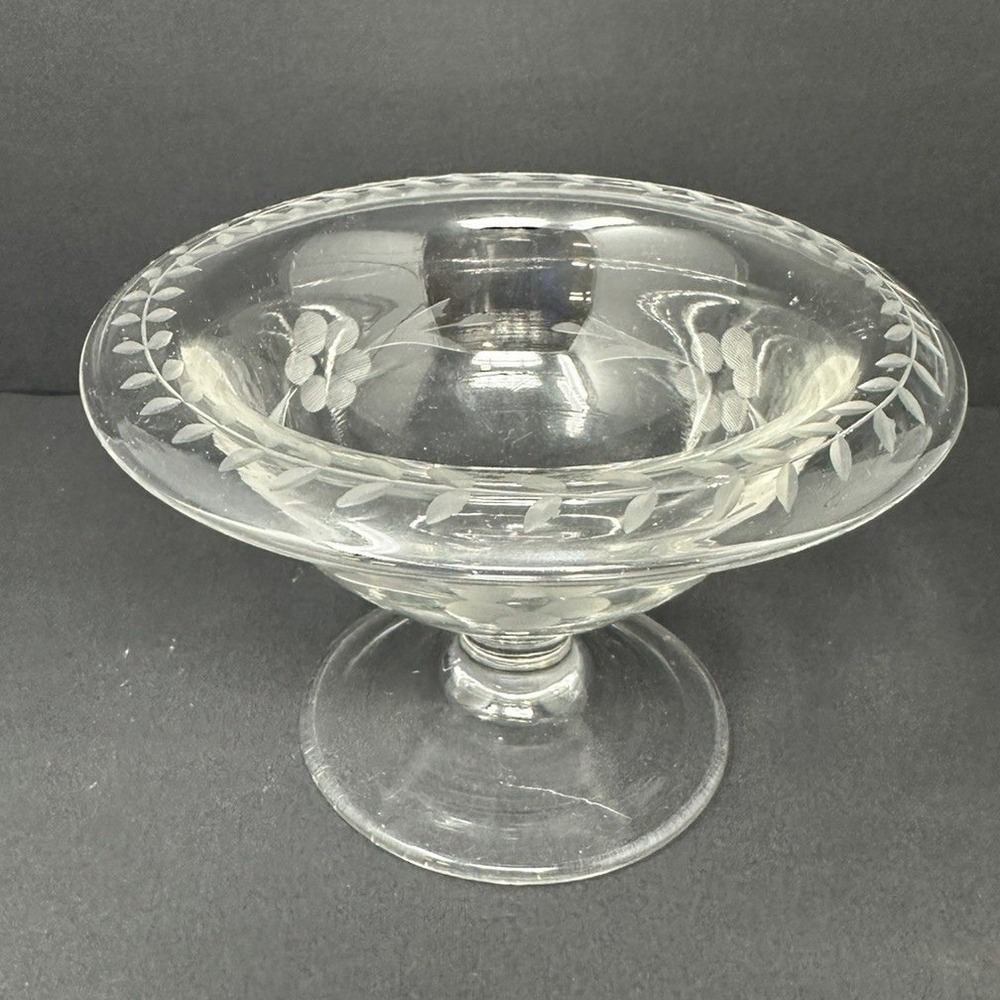 Vintage Heisey Glass Footed Bowl Etched Floral Leaf Pattern Clear Crystal 6 inch